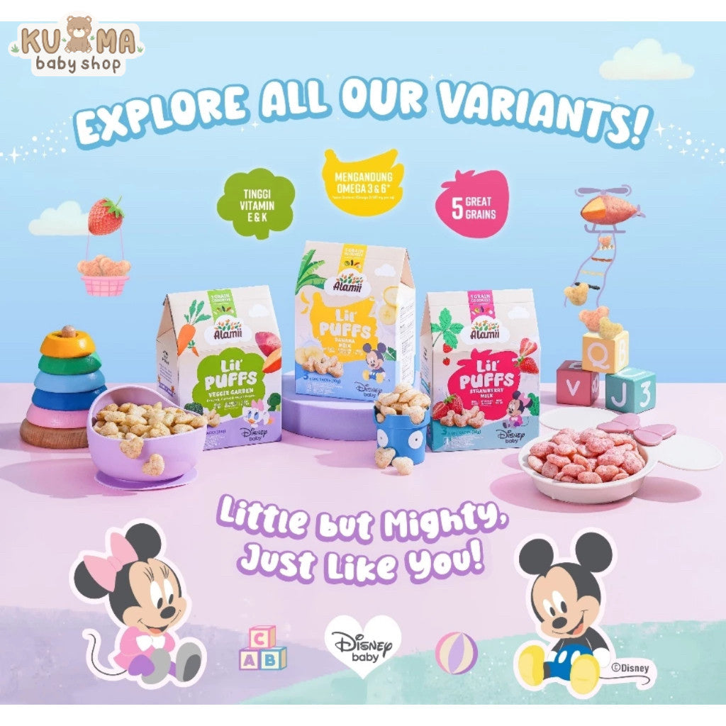 Alamii Lil' Puffs Disney Edition - Stroberi Milk Banana Milk Veggie Garden 30g (3 packs x 10g) Snack bayi snack mpasi cemilan bayi