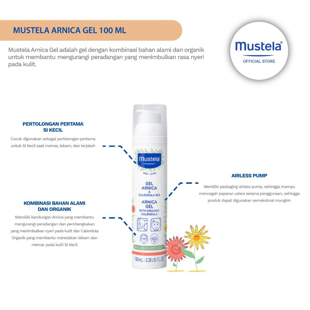 Mustela Arnica Gel with Organic Calendula 100 ML melembabkan dan menyegarkan untuk membantu menenangkan lebam, memar, dan terjatuh.