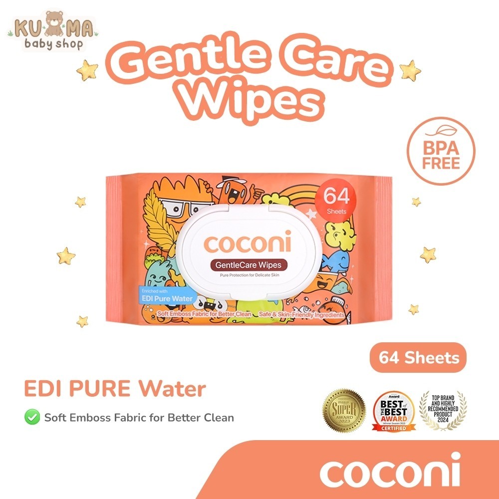 Coconi GentleCare Baby Wipes EDI Pure Water 64 Sheets | Tisu Basah Bayi Non Alkohol Aman untuk Wajah & Kulit Sensitif