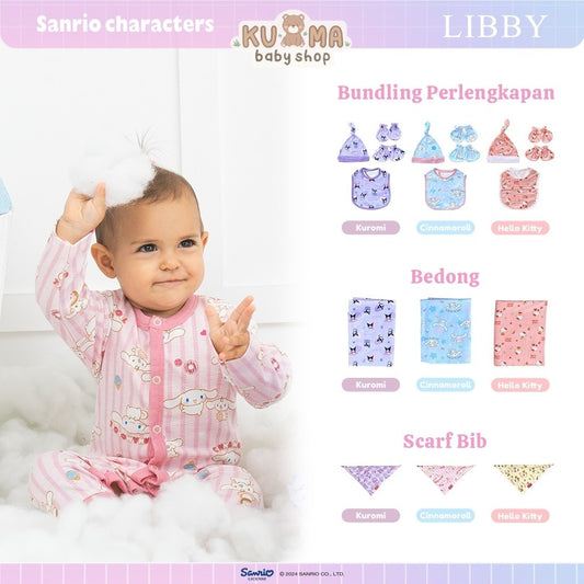 LIBBY Sanrio Bundling Perlengkapan Bayi Kuromi Cinnamoroll Hello Kitty (3 Pcs) Bedong | Sarung Tangan & Kaki Bayi | Topi Tali | Slaber