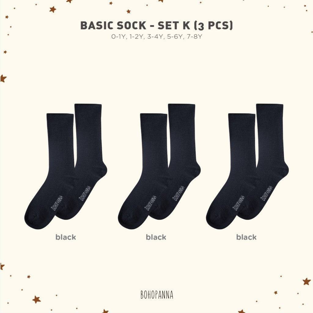 BOHOPANNA - BASIC SOCK - BUNDLING SOCK ISI 3 - KAOS KAKI SEKOLAH ANAK HITAM PUTIH ABU