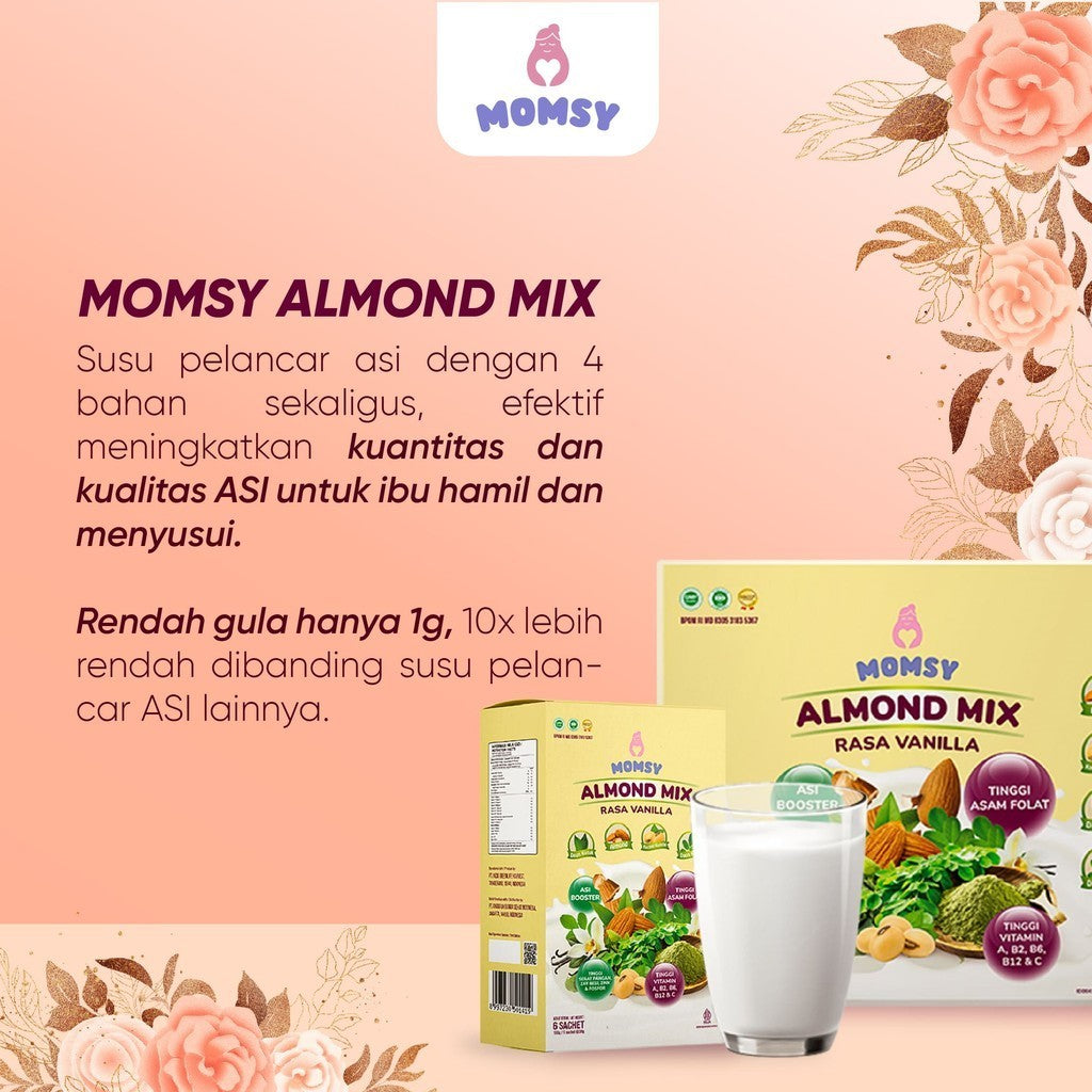 MOMSY ALMOND Mix Rasa Cokelat, Strawberry & Vanilla [6 / 20 sachet] Susu Pelancar ASI Menyegarkan dan Rendah Gula BPOM & HALAL