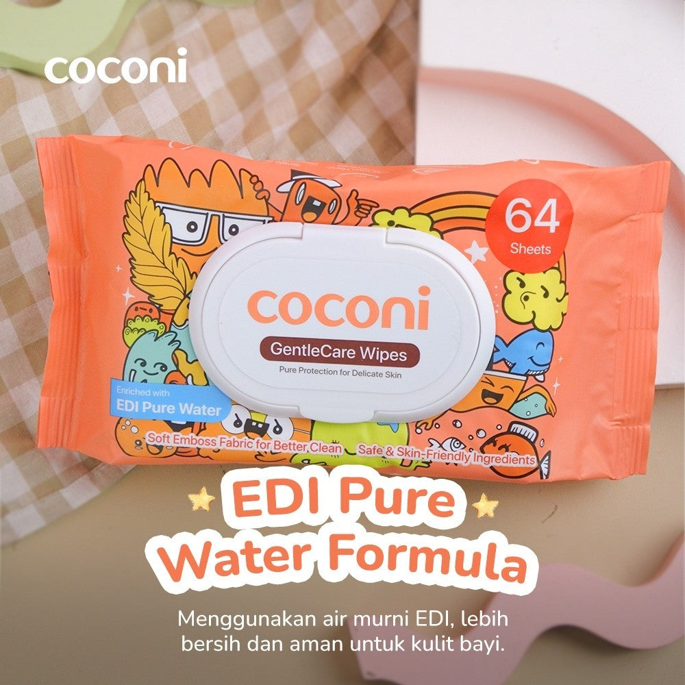 Coconi GentleCare Baby Wipes EDI Pure Water 64 Sheets | Tisu Basah Bayi Non Alkohol Aman untuk Wajah & Kulit Sensitif