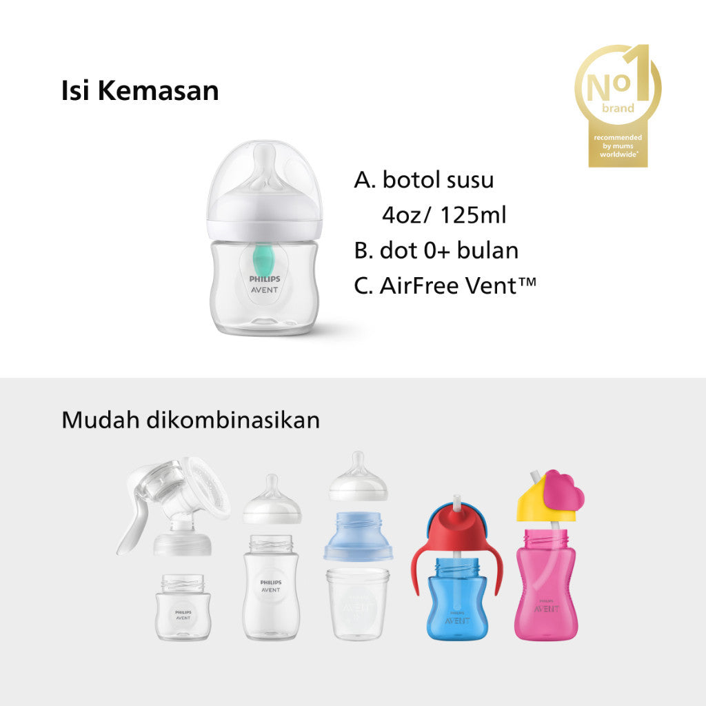 Philips Avent | Botol Susu Bayi | AirFree Vent Natural Response | Dot Seperti Payudara Ibu & Ekstra Anti Kolik | 125 ml | Single | SCY670/01
