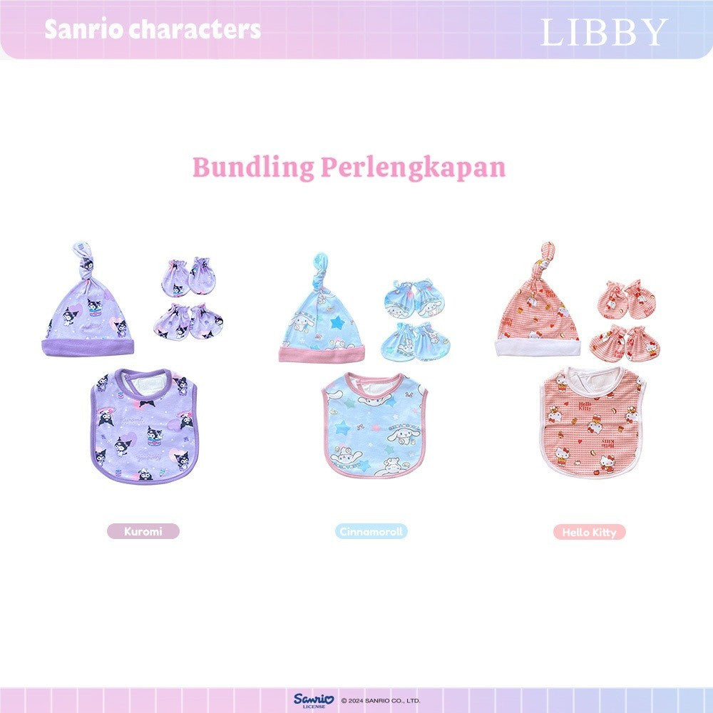 LIBBY Sanrio Bundling Perlengkapan Bayi Kuromi Cinnamoroll Hello Kitty (3 Pcs) Bedong | Sarung Tangan & Kaki Bayi | Topi Tali | Slaber