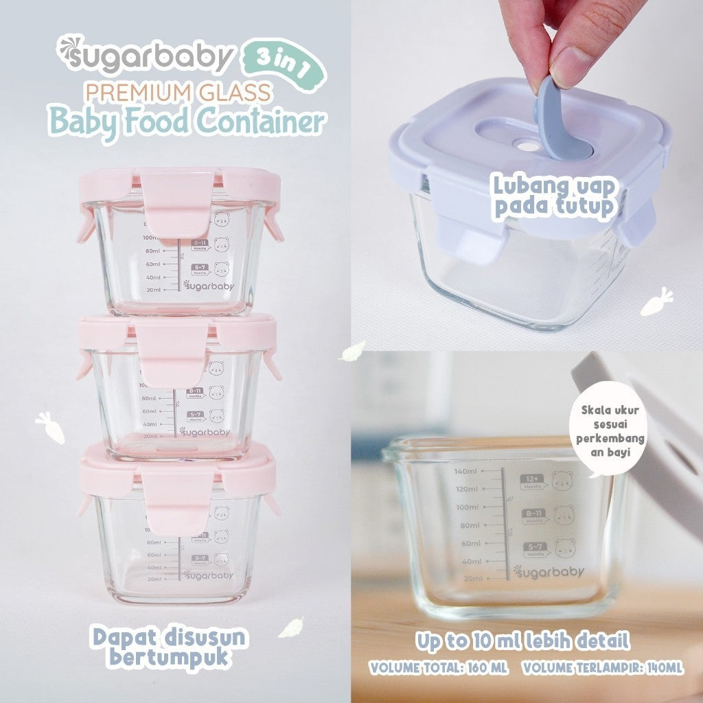 SugarBaby Premium Glass Jar Baby Food Container 3 pcs BPA FREE / Peralatan Makan Bayi MPASI / Wadah Mangkok Bayi Silicone Lid & Plastic Lid