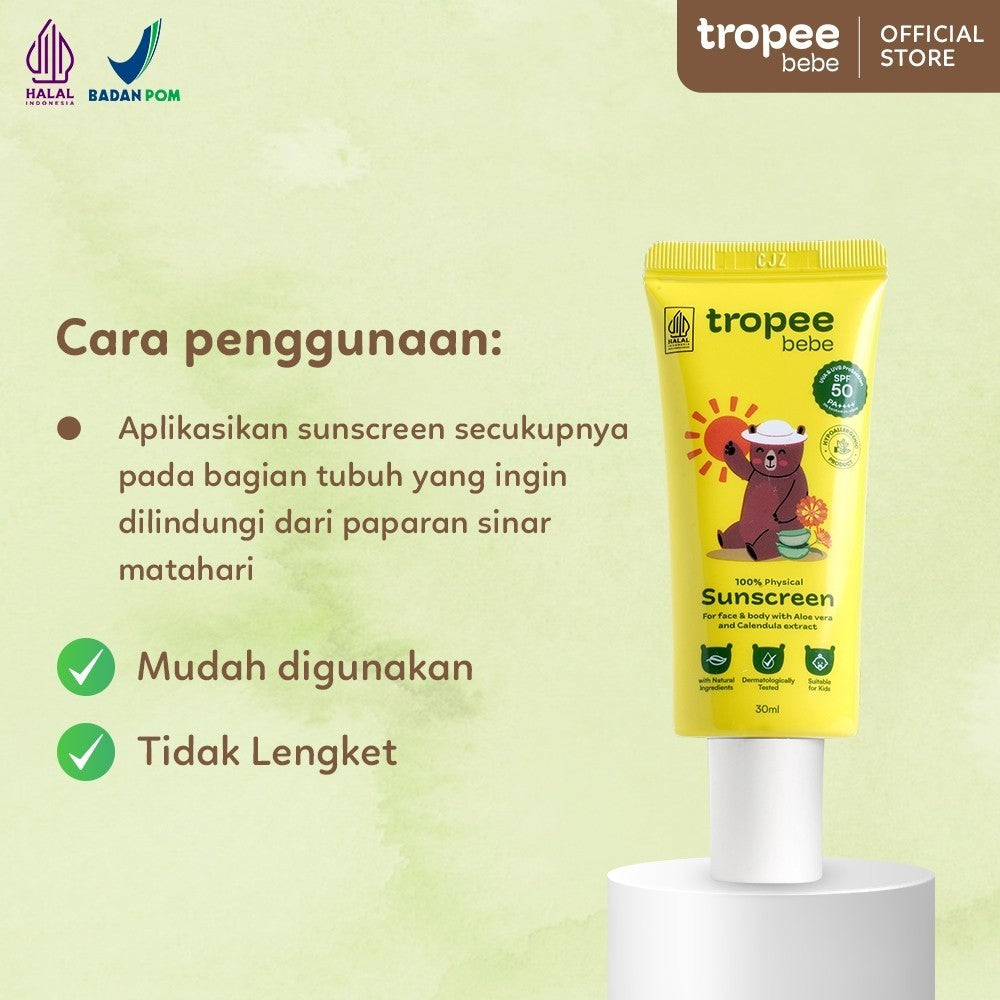Tropee Bebe Sunscreen 30ml | Physical Sunscreen Bayi & Anak SPF 50 PA++++