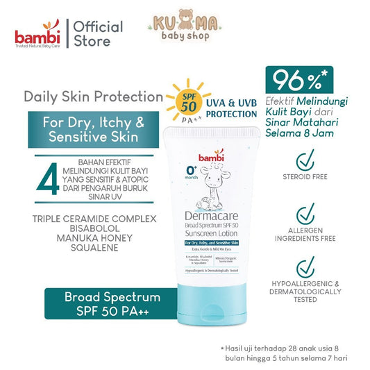 Bambi Dermacare Broad Spectrum SPF 50 Sunscreen Lotion | Sunscreen Pelindung Kulit Bayi dan Anak dari Sinar Matahari