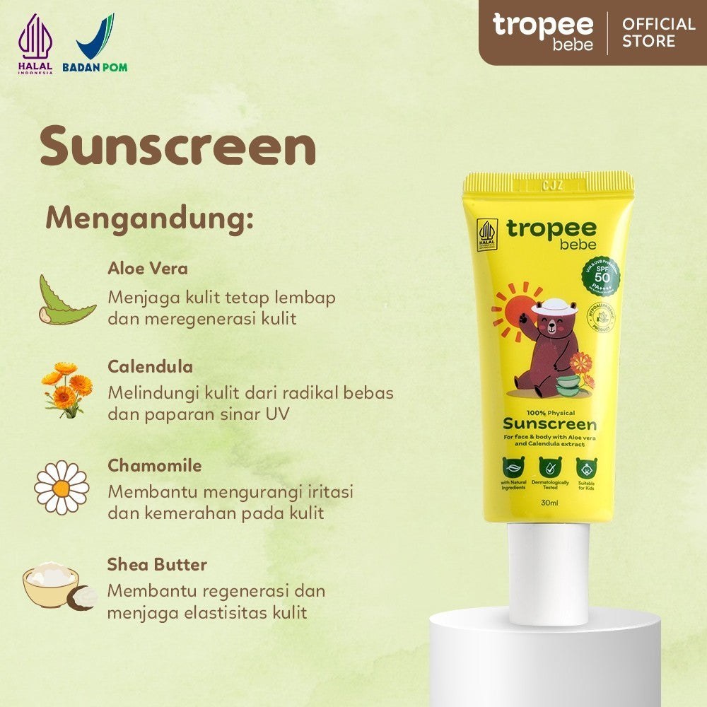 Tropee Bebe Sunscreen 30ml | Physical Sunscreen Bayi & Anak SPF 50 PA++++