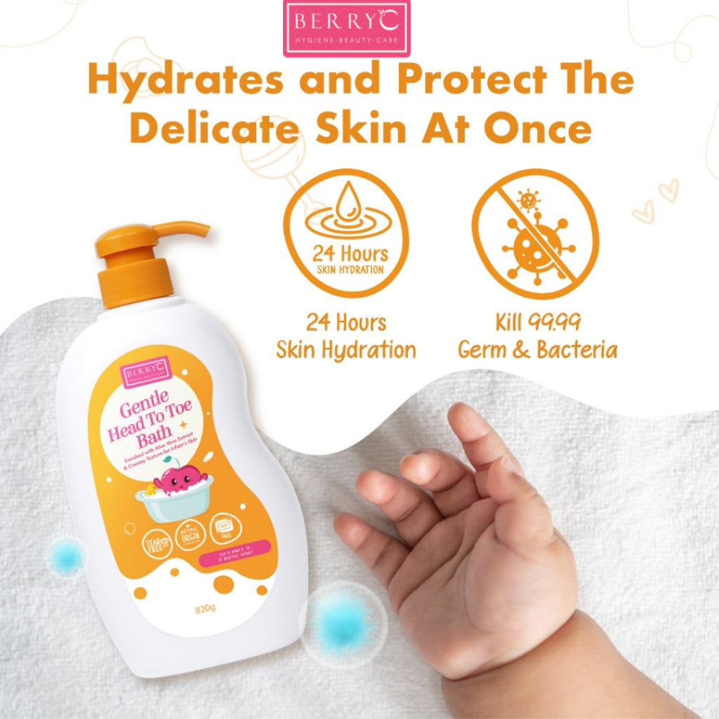 BerryC Gentle Head to Toe Wash 200 gr Baby Care Natural Sabun & Shampo 3in1 Perawatan Kulit Sensitif Bayi Aman Untuk Eczema Sensitive Skin Kering Dry Normal Active Harum Wangi Soap Shampoo Baby Kids Children Care Organic Organik