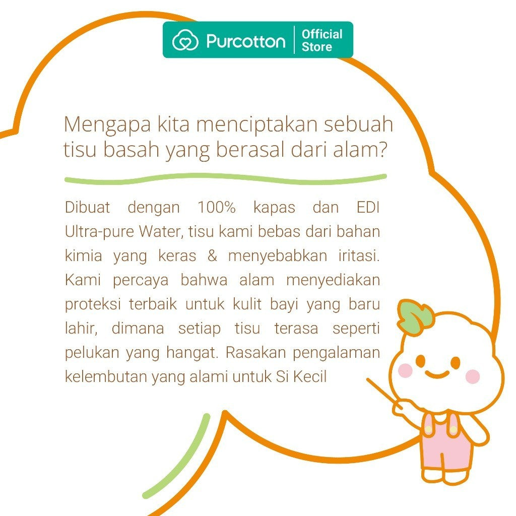 PURCOTTON Tisu Basah Bayi Natural Cotton 80 Lembar - Tisu Basah Bayi Lembut Non Alkohol Ultra Soft
