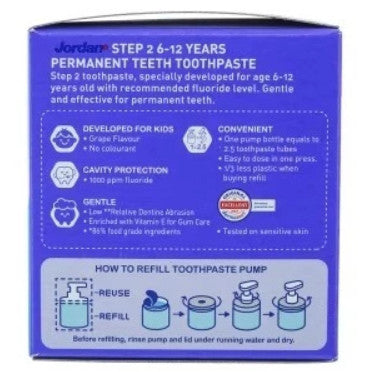 Jordan Kids Toothpaste Step 2 Pump/Refill 188gr Grape Odol Pasta Gigi Anak 6 -12 Tahun