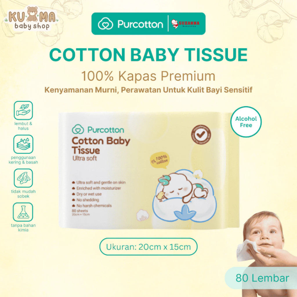 PURCOTTON Natural Baby Cotton Tissue 80 Lembar - Tisu Bayi Lembut dan Aman untuk Kulit Sensitif
