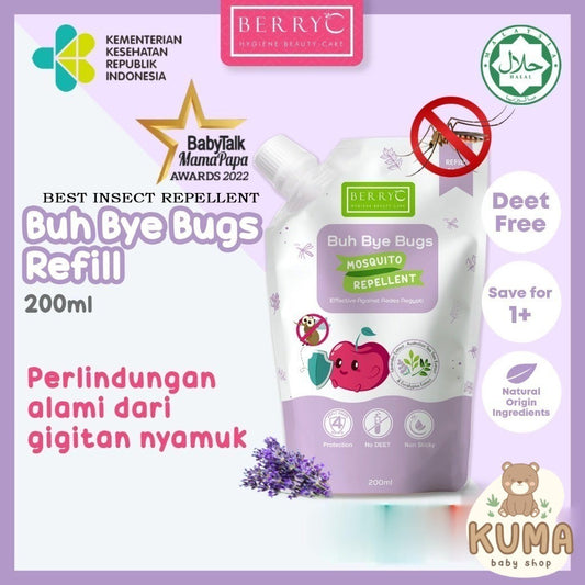 BerryC Buh Bye Bugs 200ml Mosquito Repellent Spray Anti Nyamuk Natural Antibacterial Ampuh Aman Untuk Anak dan Dewasa Kemenkes No DEET Hypoallergen Alergi sensitive skin kulit sensitif dengue dbd kutu tungau serangga natural organik impor lembut malaysia