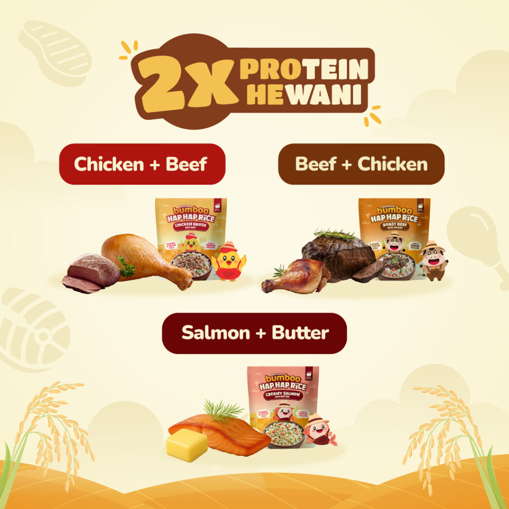 BUMBOO Hap Hap Rice - 100% Beras Organik Tanpa Pestisida - Double Protein Hewani - Bahan Alami - Tanpa Pengawet