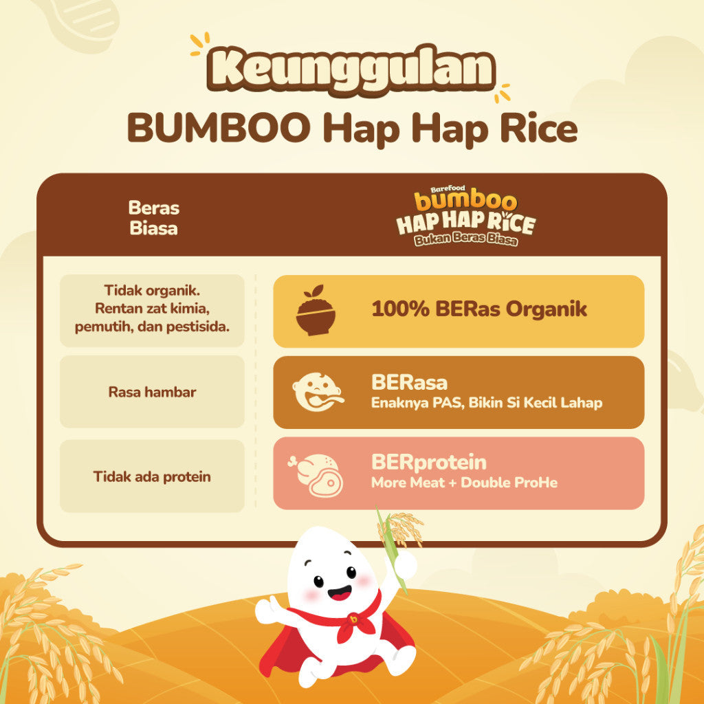 BUMBOO Hap Hap Rice - 100% Beras Organik Tanpa Pestisida - Double Protein Hewani - Bahan Alami - Tanpa Pengawet
