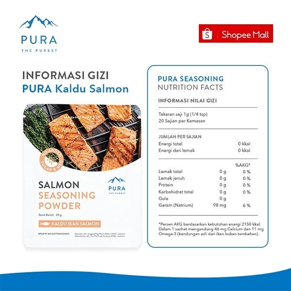 Pura Kaldu Asli | Bumbu Kaldu Salmon (20gr) - Salmon Seasoning Powder - Kaldu Mpasi - BB Boster - No Msg - No Gula - Kaldu Serbaguna