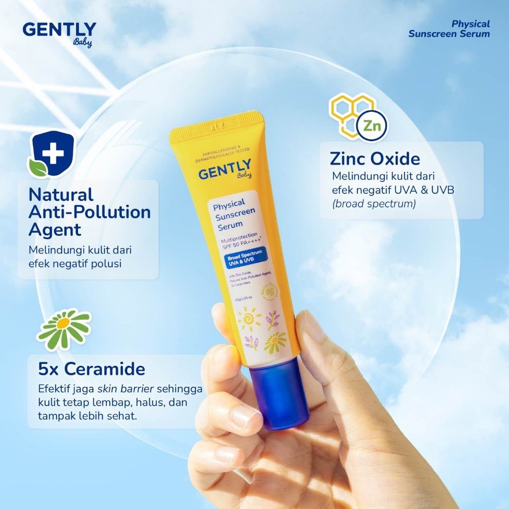 GENTLY Baby Physical Sunscreen Serum Bayi Anak 30 gr | SPF 50 PA++++ Anti-Polusi | Tahan Air & Keringat