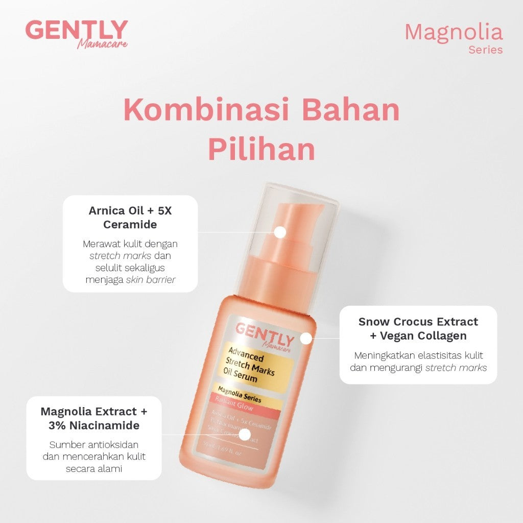 GENTLY Mamacare Advanced Stretch Marks Oil Serum | Arnica Oil + 5x Ceramide + Magnolia Extract + 3% Niacinamide Snow Crocus Extract + Vegan Collagen | Skincare Ibu Hamil dan Menyusui Terdaftar BPOM | Oil Serum untuk Menyamarkan Peregangan Kulit
