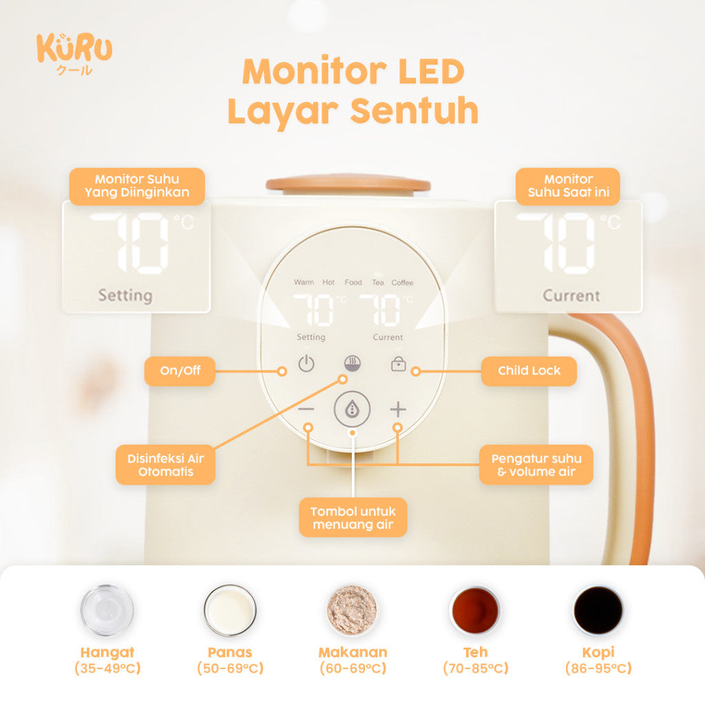 Kuru Smart Water Dispenser 2L | Pemanas Air Susu Bayi, Kopi & Teh | Touch Screen + Child Lock