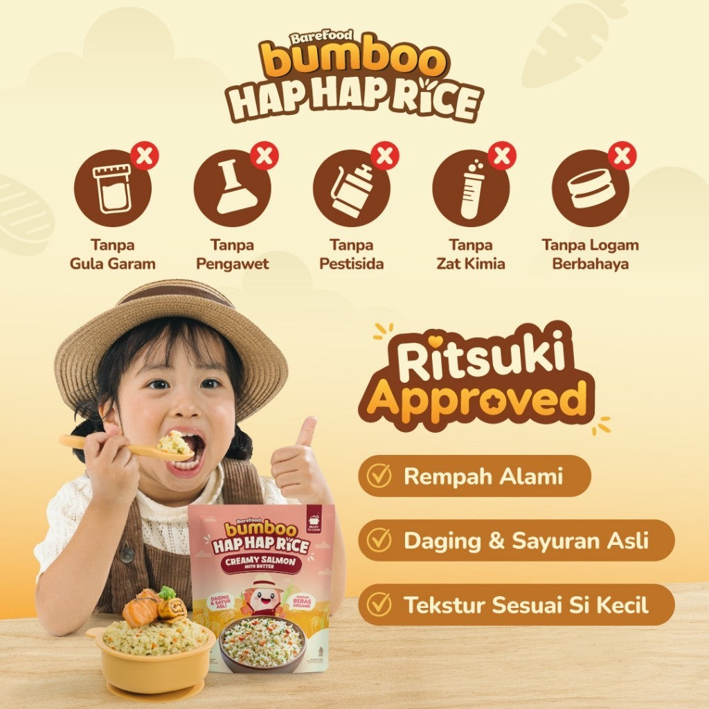 BUMBOO Hap Hap Rice - 100% Beras Organik Tanpa Pestisida - Double Protein Hewani - Bahan Alami - Tanpa Pengawet