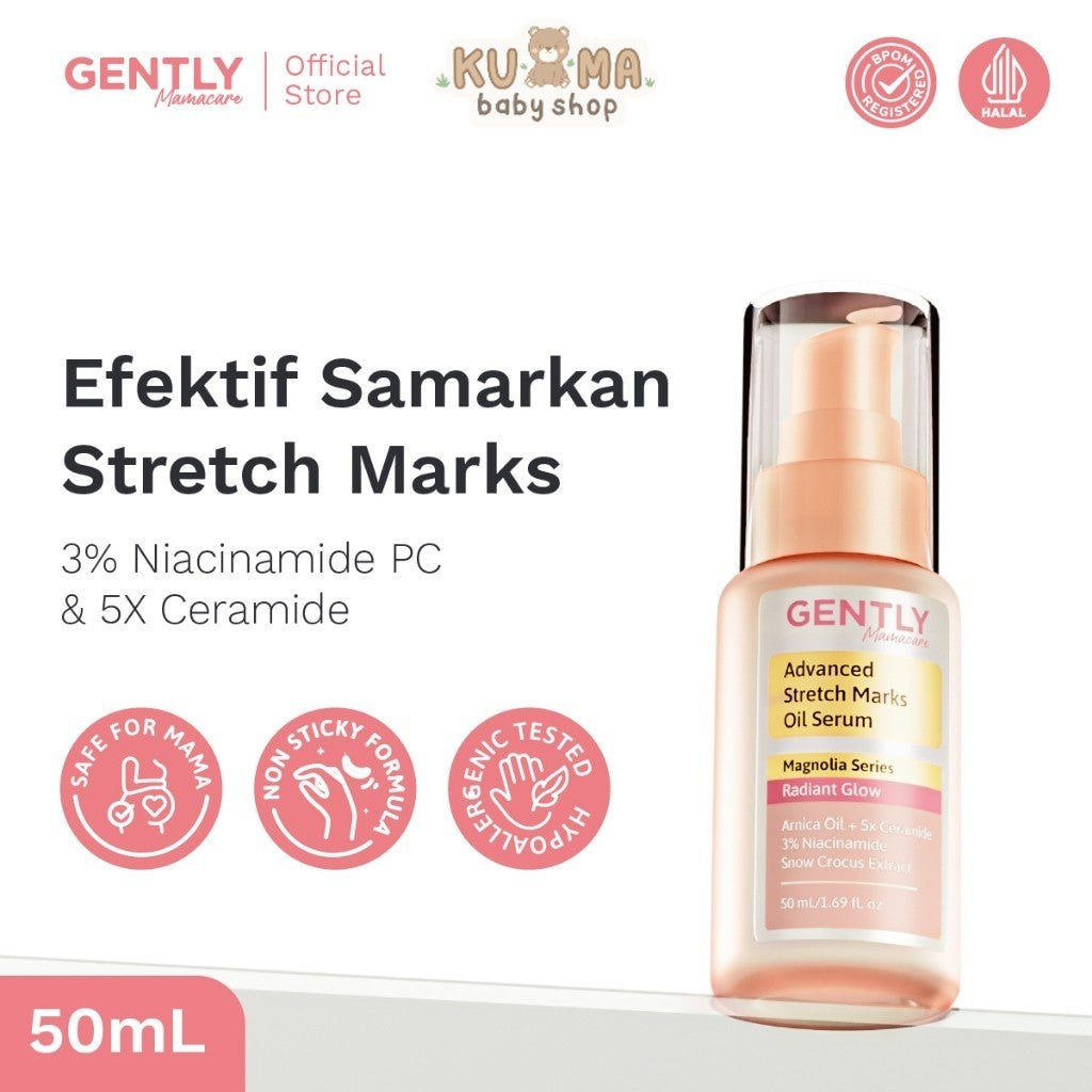GENTLY Mamacare Advanced Stretch Marks Oil Serum | Arnica Oil + 5x Ceramide + Magnolia Extract + 3% Niacinamide Snow Crocus Extract + Vegan Collagen | Skincare Ibu Hamil dan Menyusui Terdaftar BPOM | Oil Serum untuk Menyamarkan Peregangan Kulit