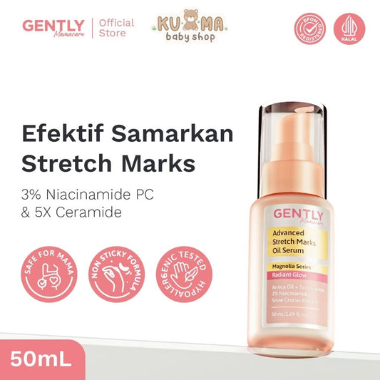 GENTLY Mamacare Advanced Stretch Marks Oil Serum | Arnica Oil + 5x Ceramide + Magnolia Extract + 3% Niacinamide Snow Crocus Extract + Vegan Collagen | Skincare Ibu Hamil dan Menyusui Terdaftar BPOM | Oil Serum untuk Menyamarkan Peregangan Kulit