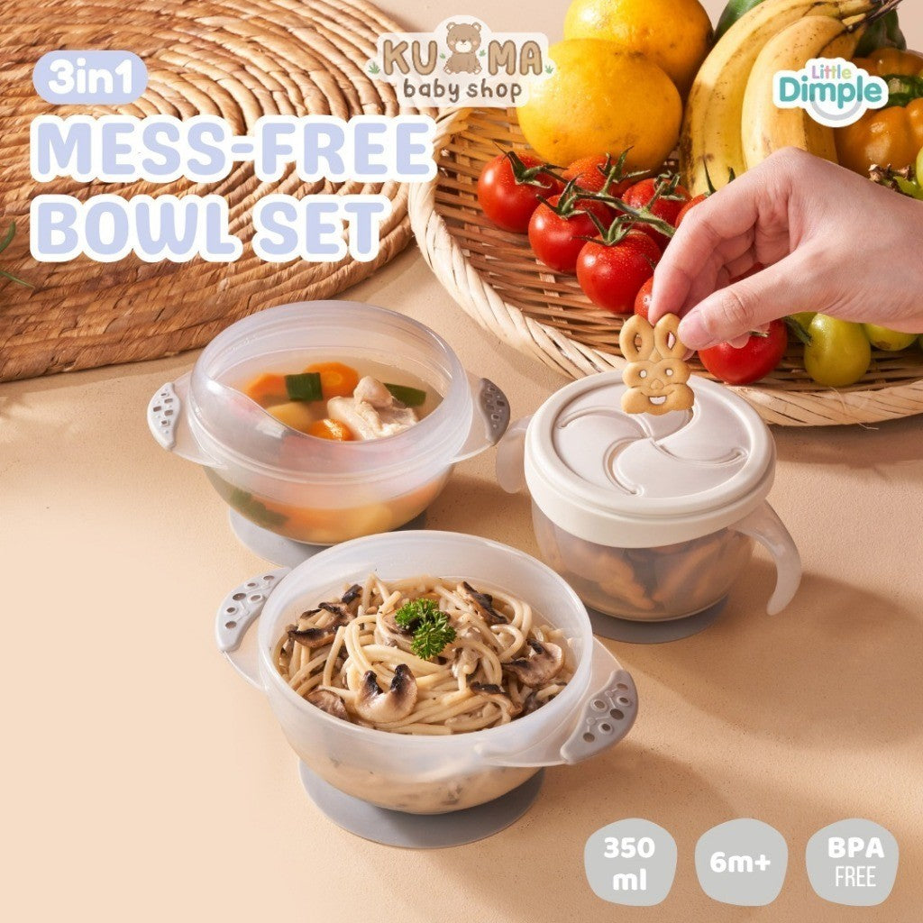Little Dimple 3in1 Mess-Free Bowl Set Mangkok Anti Tumpah Snack Bowl