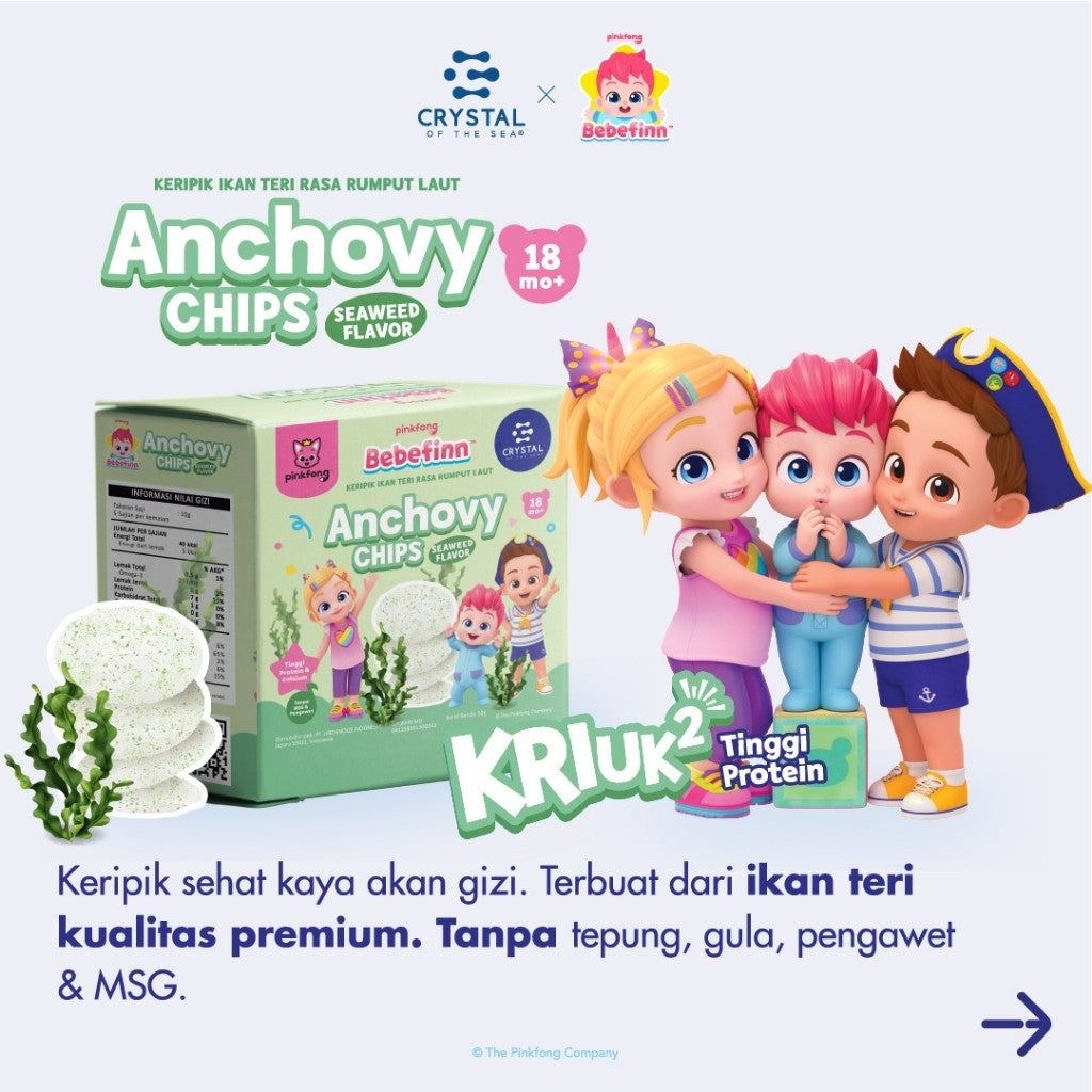Crystal of the Sea | Pinkfong Bebefinn Anchovy Chips Seaweed / Keripik Ikan Teri Rasa Seaweed / Kerupuk untuk MPASI / Kerupuk Anak Non MSG / Krupuk Kalsium Tinggi / Camilan Sehat Tanpa Tepung Gluten Free / Jajanan Cemilan Bayi / Finger Food Bergizi