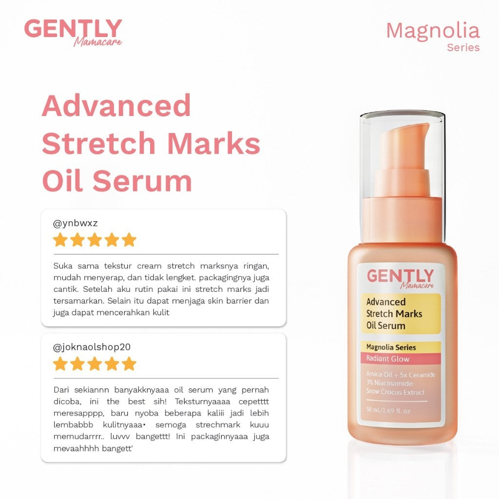 GENTLY Mamacare Advanced Stretch Marks Oil Serum | Arnica Oil + 5x Ceramide + Magnolia Extract + 3% Niacinamide Snow Crocus Extract + Vegan Collagen | Skincare Ibu Hamil dan Menyusui Terdaftar BPOM | Oil Serum untuk Menyamarkan Peregangan Kulit