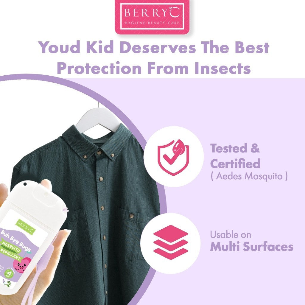 BerryC Buh Bye Bugs 200ml Mosquito Repellent Spray Anti Nyamuk Natural Antibacterial Ampuh Aman Untuk Anak dan Dewasa Kemenkes No DEET Hypoallergen Alergi sensitive skin kulit sensitif dengue dbd kutu tungau serangga natural organik impor lembut malaysia
