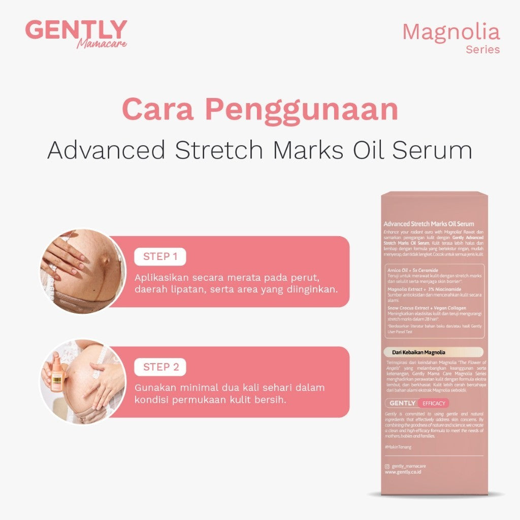 GENTLY Mamacare Advanced Stretch Marks Oil Serum | Arnica Oil + 5x Ceramide + Magnolia Extract + 3% Niacinamide Snow Crocus Extract + Vegan Collagen | Skincare Ibu Hamil dan Menyusui Terdaftar BPOM | Oil Serum untuk Menyamarkan Peregangan Kulit