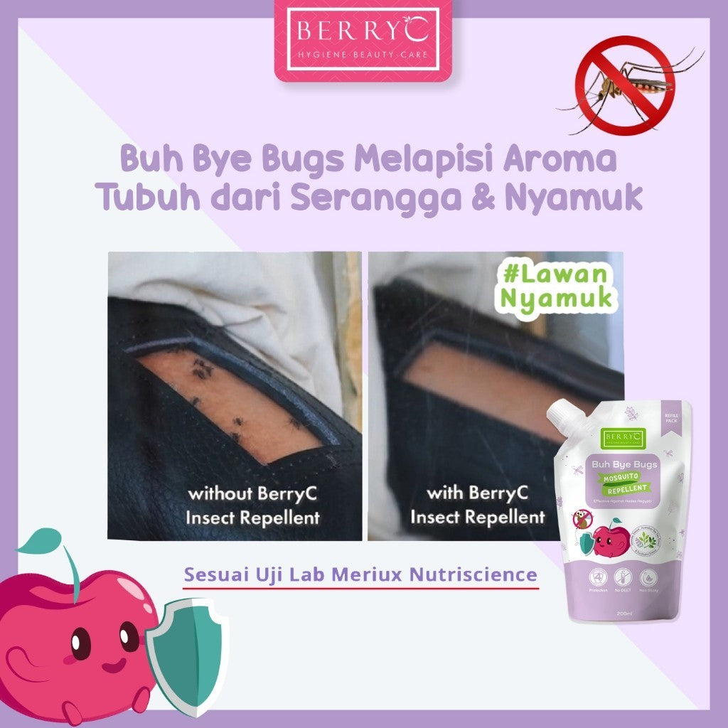 BerryC Buh Bye Bugs 200ml Mosquito Repellent Spray Anti Nyamuk Natural Antibacterial Ampuh Aman Untuk Anak dan Dewasa Kemenkes No DEET Hypoallergen Alergi sensitive skin kulit sensitif dengue dbd kutu tungau serangga natural organik impor lembut malaysia