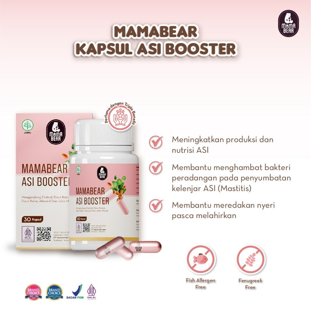 MamaBear Kapsul ASI Booster 30 Kapsul Pelancar dan Peningkat Produksi ASI BPOM Halal Fenugreek FREE