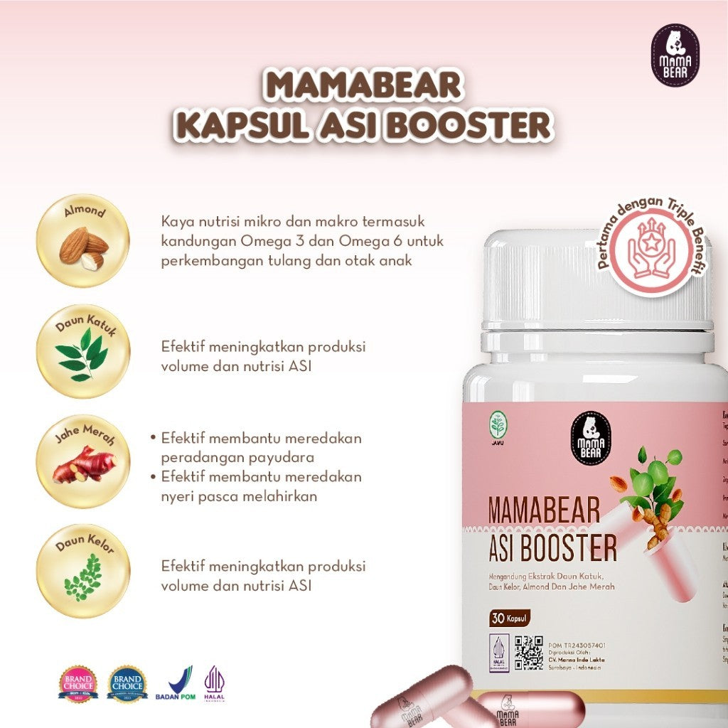 MamaBear Kapsul ASI Booster 30 Kapsul Pelancar dan Peningkat Produksi ASI BPOM Halal Fenugreek FREE