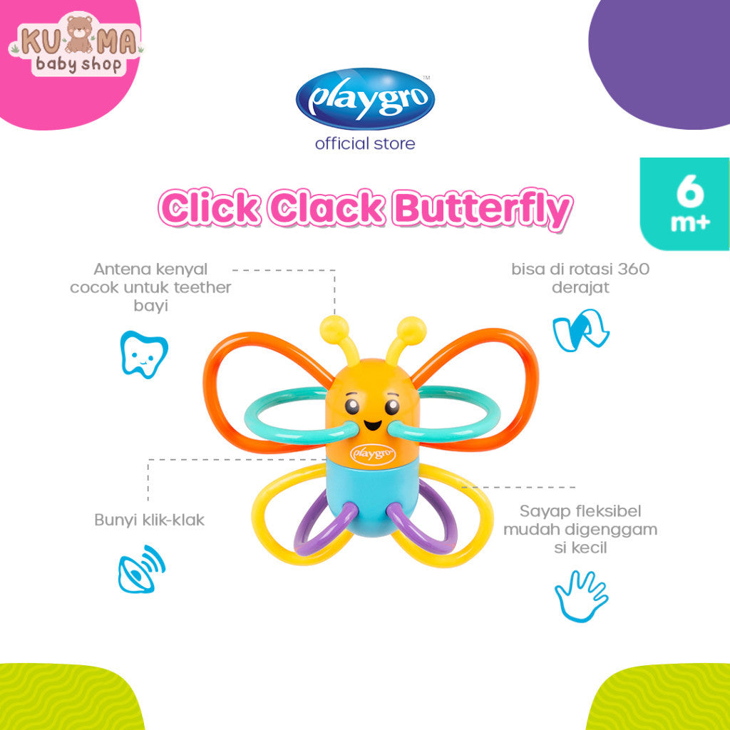 Playgro Click Clack Butterfly -  Mainan Gigit  dan Edukasi Anak Bayi Balita