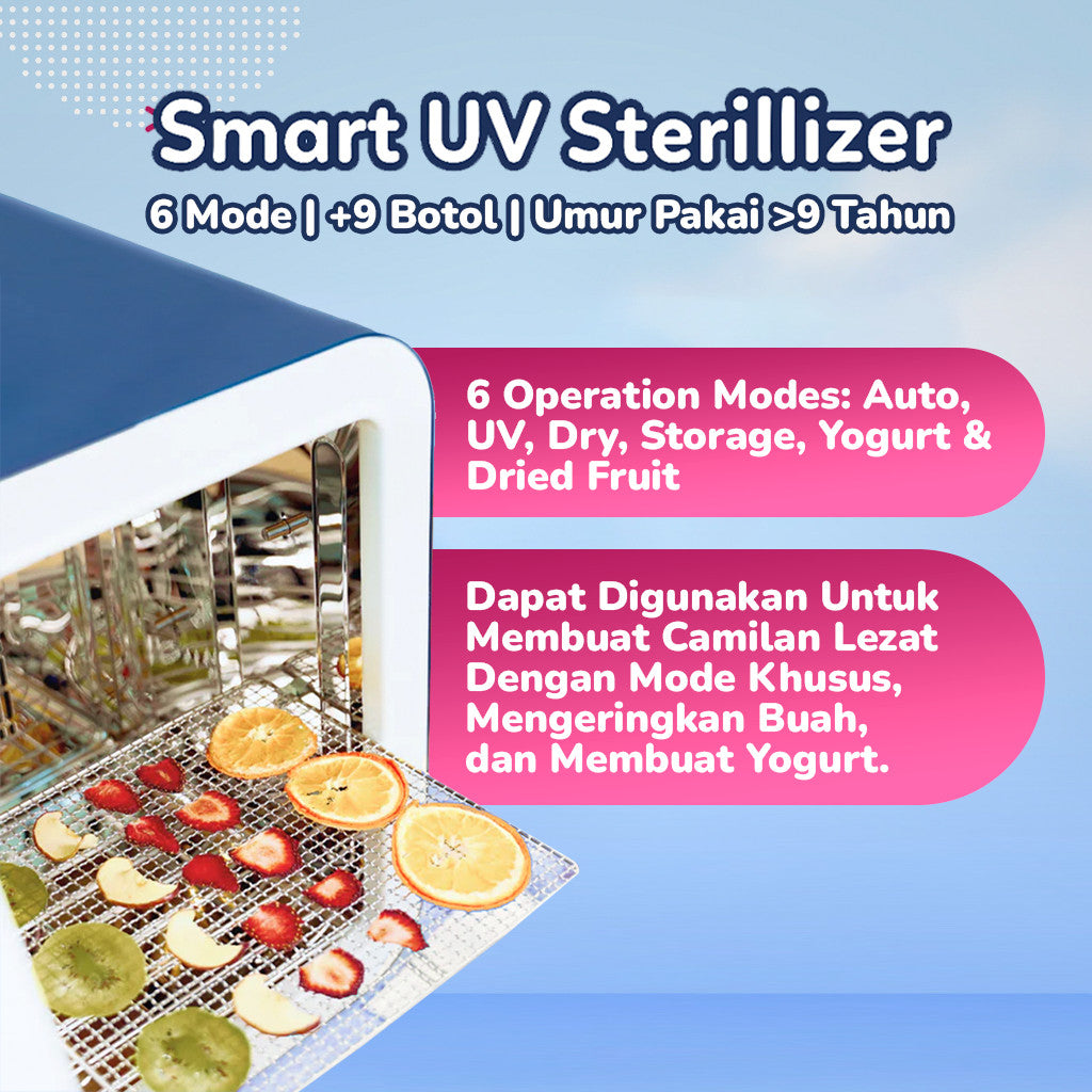 UV House Sterilizer (Multifungsi) | Sterilizer Botol & Peralatan Bayi - 6 Mode Operasi - Kapasitas Besar Sampai 9 Botol - Yummy Snack Maker | Steril, Kering, Simpan, Pembuat Yogurt & Buah Kering | Bebas Risiko Perubahan Warna | Umur Pakai 15 Tahun