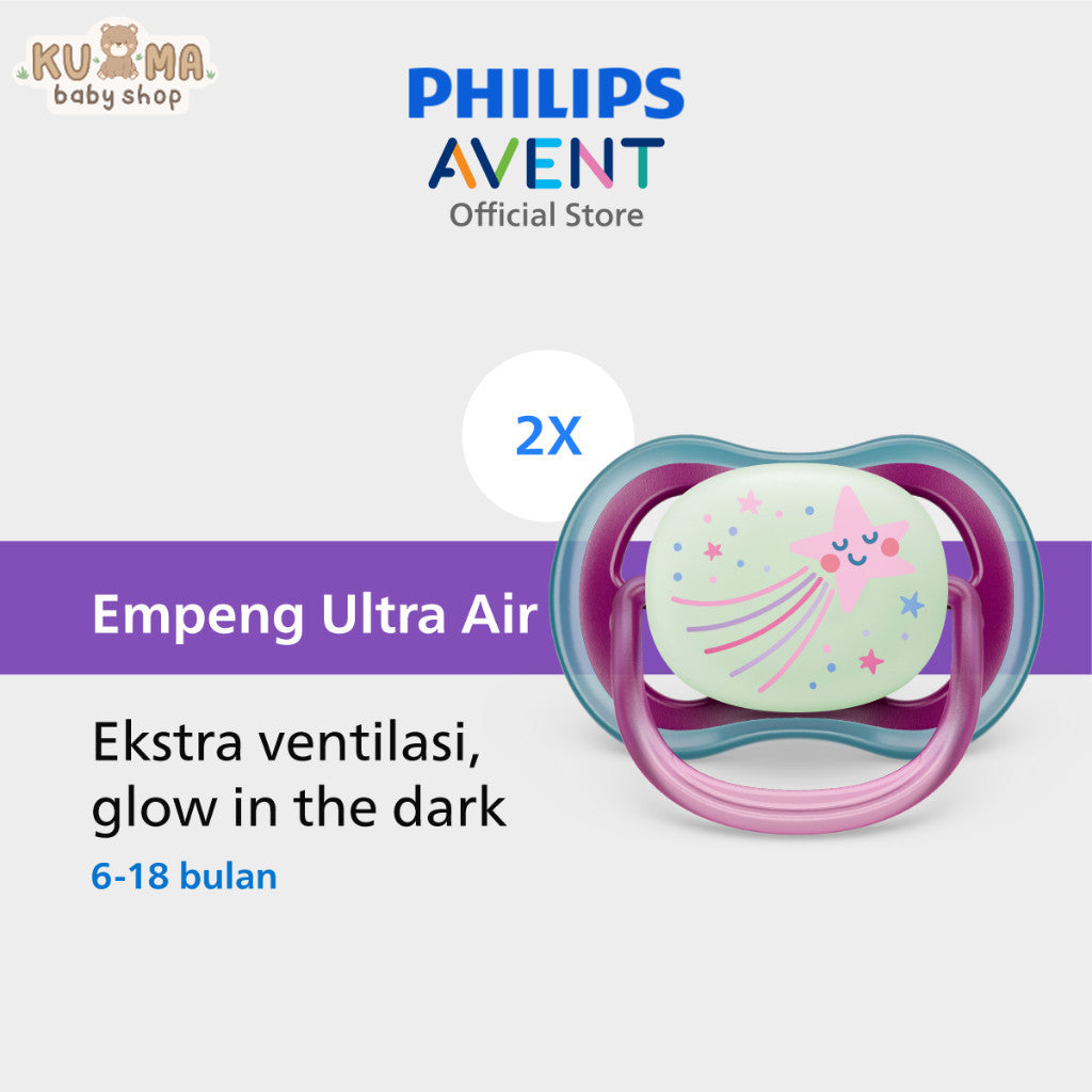 Philips Avent | Empeng Bayi / Soother Bayi | Ultra Air Glow In The Dark | Empeng dengan Ekstra Ventilasi | Character | 6-18M | SCF376/14