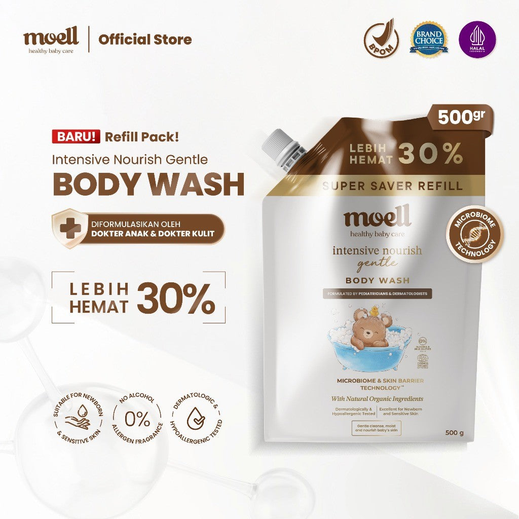 Moell Gentle Sabun Mandi Bayi Anak Kemasan Refill 500gr - Kulit Kering dan Sensitif - Tanpa SLS & Alkohol - Kulit Sensitif dan Kering - Skincare Bayi Formulasi Doker dengan Microbiome Teknologi - Skincare Bayi - Skincare Anak