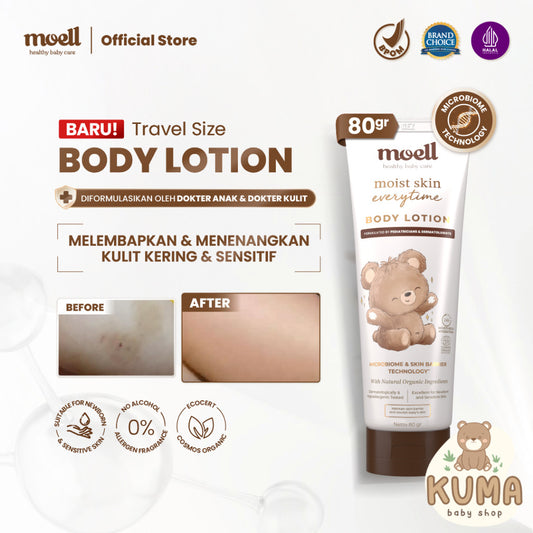 Moell Body Lotion Bayi Travel Size 80gr - Melembapkan Kulit Badan Anak - Perawatan Kulit Kering dan Sensitif - Pelembap Bayi Anak Daily Use - Sensitif Kering Ruam - Skincare Bayi Formulasi Dokter dengan Microbiome Teknologi - Skincare Anak