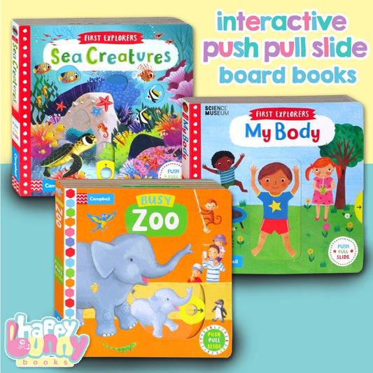 Campbell Push Pull Slide Interactive Board Book - Busy Zoo - Busy Safari - First Explorers Sea Creatures - My Body & others