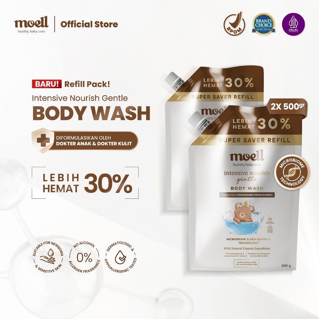 Moell Gentle Sabun Mandi Bayi Anak Kemasan Refill 500gr - Kulit Kering dan Sensitif - Tanpa SLS & Alkohol - Kulit Sensitif dan Kering - Skincare Bayi Formulasi Doker dengan Microbiome Teknologi - Skincare Bayi - Skincare Anak