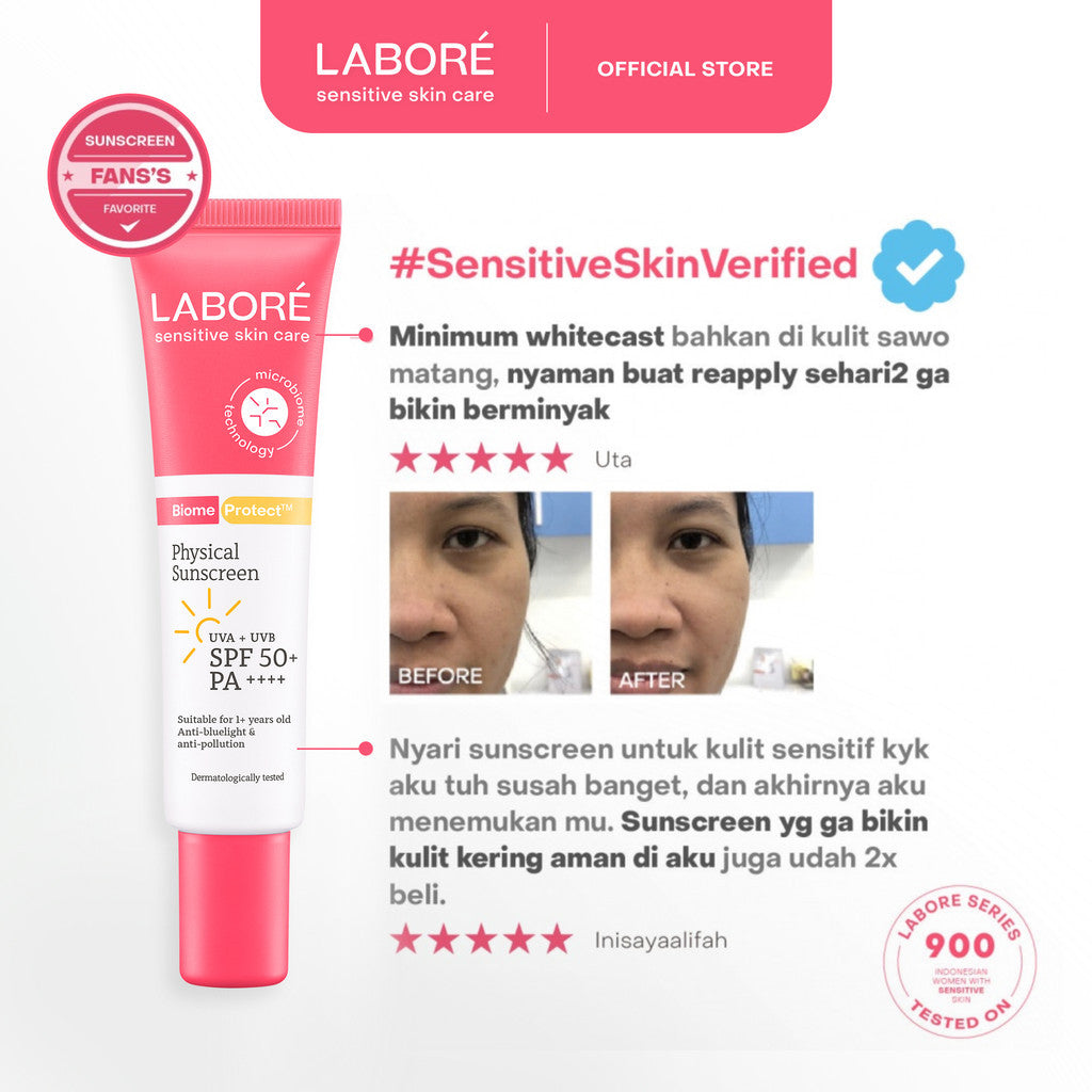 Labore Sensitive Skin Care BiomeProtect Physical Sunscreen SPF 50+ PA++++ 30 ml - Sunscreen - Ringan - Cocok untuk Kulit Sensitif - Melindungi dari Sinar UVA & UVB - Mudah Meresap - Tidak Ada Whitecast - Skincare Best Seller