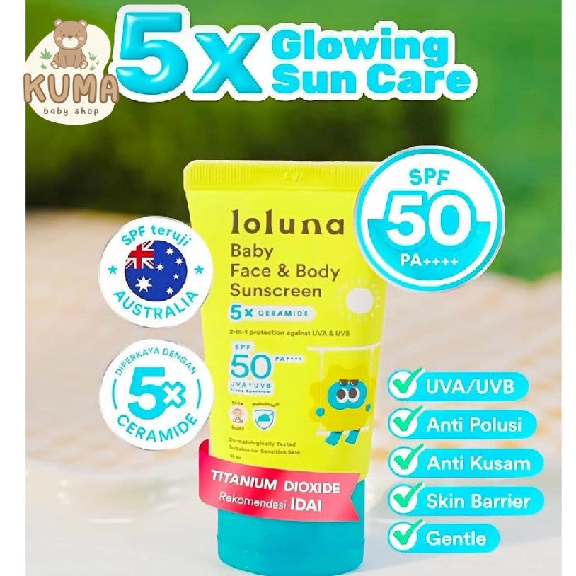 Loluna Baby Face & Body Sunscreen 30ml SPF 50+ PA++++ dengan 5x Ceramide & Niacinamide - Proteksi Lengkap UVA UVB