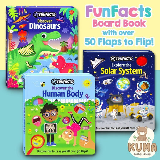 FunFacts Discover the Human Body, Solar System, Dinosaurs, Explore Construction, Baby Animals Board Book with over 50 Flaps to Lift