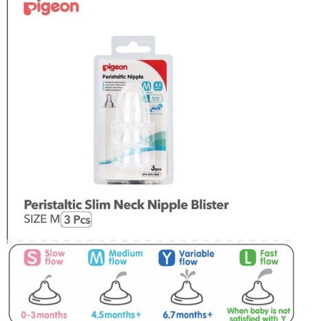 PIGEON MURAH PERISTALTIC SLIM NECK NIPPLE 3PCS BLISTER STRETCHABLE /  NIPPLE SML&Y DOT LEMBUT