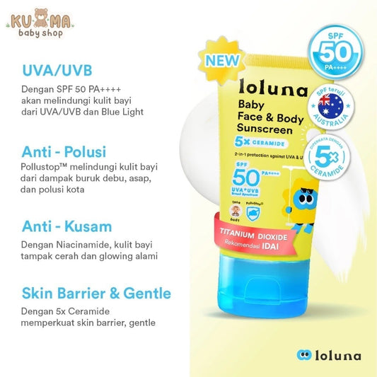 Loluna Baby Face & Body Sunscreen 30ml SPF 50+ PA++++ dengan 5x Ceramide & Niacinamide - Proteksi Lengkap UVA UVB