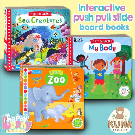 Campbell Push Pull Slide Interactive Board Book - Busy Zoo - Busy Safari - First Explorers Sea Creatures - My Body & others