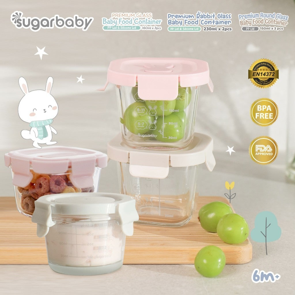 SugarBaby Premium Glass Jar Baby Food Container 3 pcs BPA FREE / Peralatan Makan Bayi MPASI / Wadah Mangkok Bayi Silicone Lid & Plastic Lid