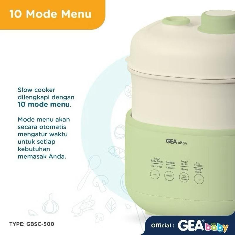 GEA Baby Compact Slow Cooker GBSC-500 Slowcooker Kukusan Steam Alat Masak MPASI Bayi Makanan Pendamping Asi Sup Kaldu Sop Broth Kado Hadiah Bayi Gift Baby Melahirkan Pengolah Makanan Anak Dewasa Orangtua